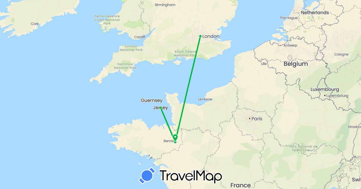 TravelMap itinerary: driving, bus in France, United Kingdom, Jersey (Europe)